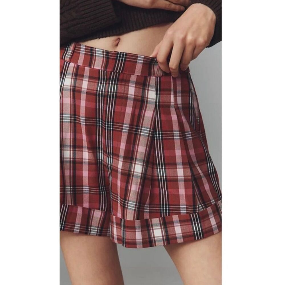 Anthropologie Avery pleated trouser short by Maeve brown plaid sz 12 - Picture 3 of 3
